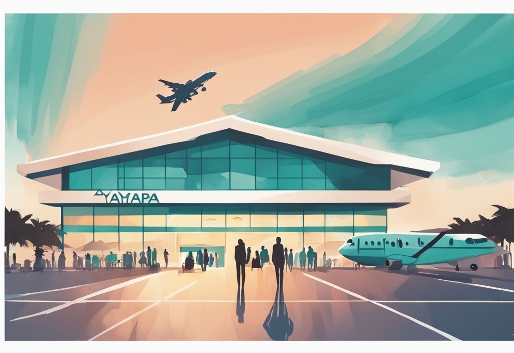 Minimalistisk akvarellillustration av Ayia Napa flygplats med väntande passagerare, flygplatsens unika arkitektur och flygplan som lyfter mot en vacker solnedgång, med teal som huvudfärg.