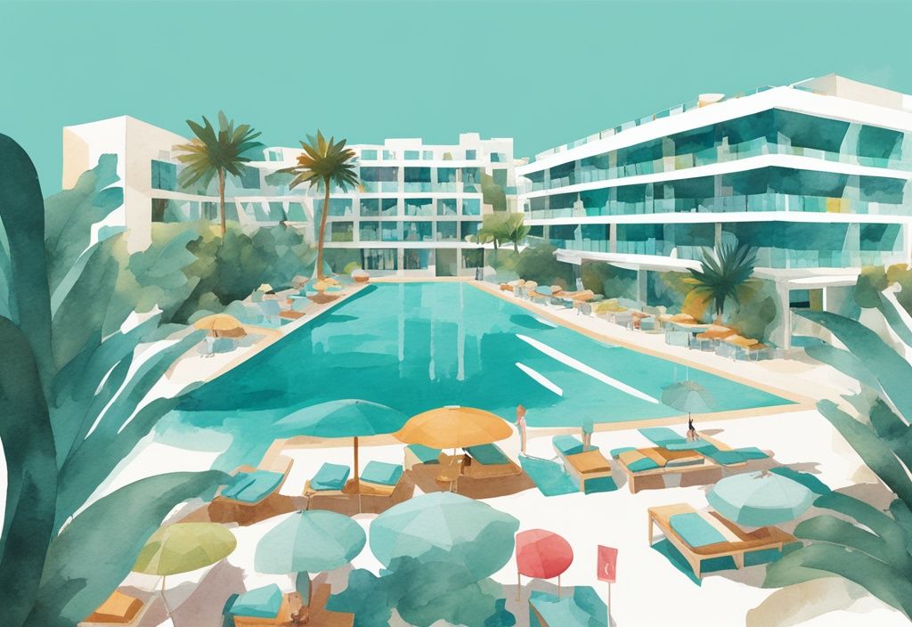 Minimalistisk akvarellillustration av Nicholas Color Hotel i Ayia Napa med färgglad exteriör, livlig poolområde och tropisk grönska.