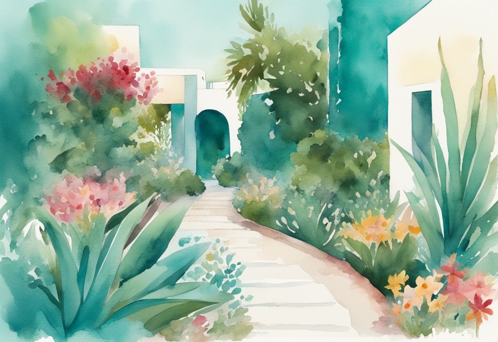 Minimalistisk akvarellillustration av Nelia Garden i Ayia Napa med blommande blommor, exotiska växter och charmiga stigar i teal färgtema.