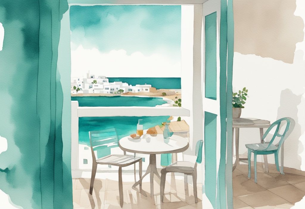 Minimalistisk akvarellillustration av ett mysigt Airbnb-boende i Ayia Napa med vitkalkade väggar, fantastisk havsutsikt från balkongen och stadens brus i bakgrunden, med en färgtema i teal.