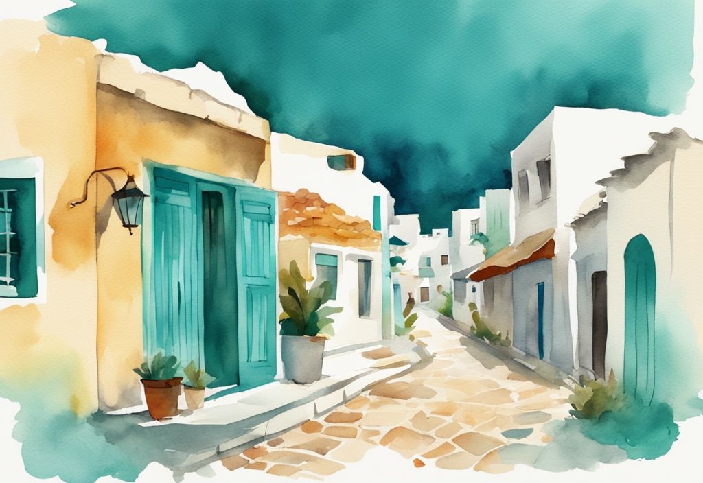 Minimalistisk akvarellillustration av Ayia Napa Old Town med smala kullerstensgator, traditionella cypriotiska hus och rustika tavernor i teal färgtema.