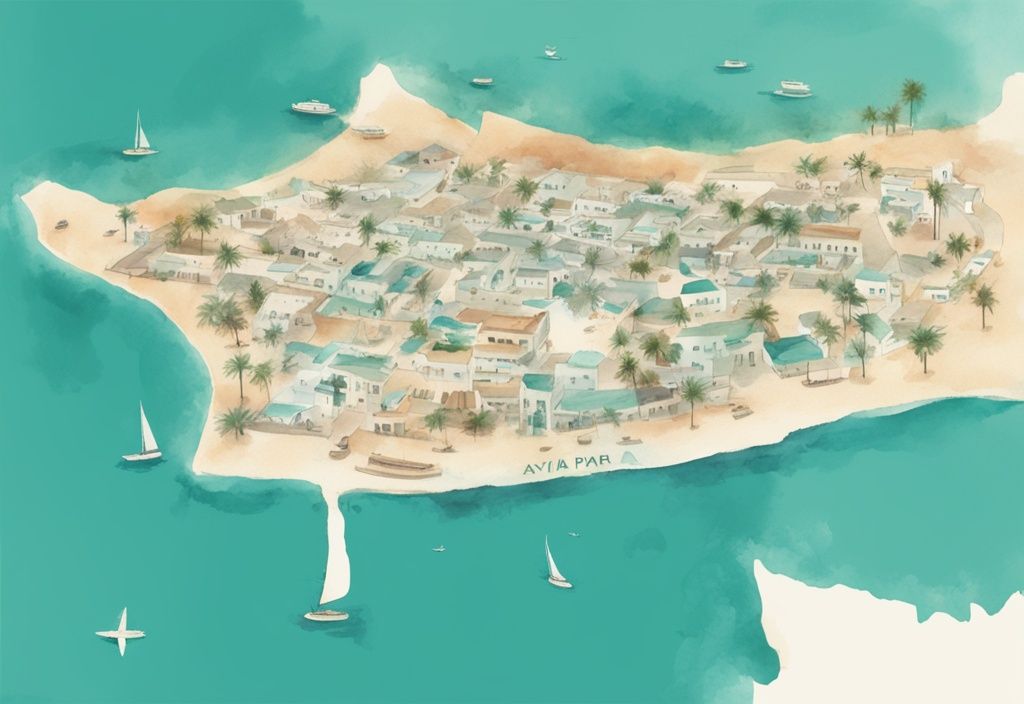 Minimalistisk akvarellillustration av Ayia Napa karta, visar geografisk plats inom Cypern, framstående landmärken och turistattraktioner, cypern karta ayia napa.