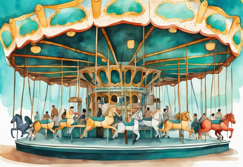 Minimalistisk akvarellillustration av en glad familj som utforskar det livliga Luna Park-karusellen i Ayia Napa under dagen - att göra i ayia napa med barn.