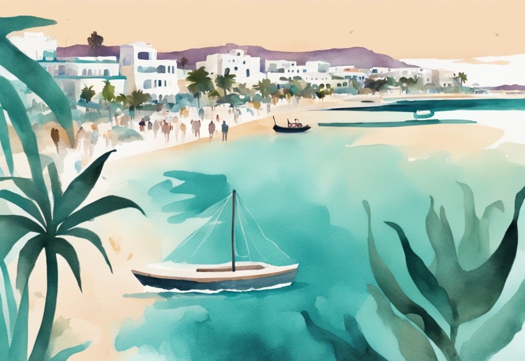 Minimalistisk akvarellillustration av Nissi Beach, Ayia Napa Monastery och nattliv i Ayia Napa, med teal som huvudfärg.