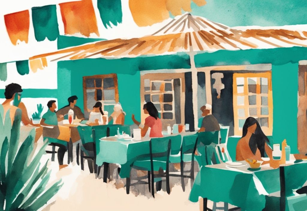 Minimalistisk akvarellillustration av en mexikansk restaurang i Ayia Napa med teal färgtema, färgglad inredning, gäster som njuter av fajitas och margaritas, och livlig mariachimusik i bakgrunden.