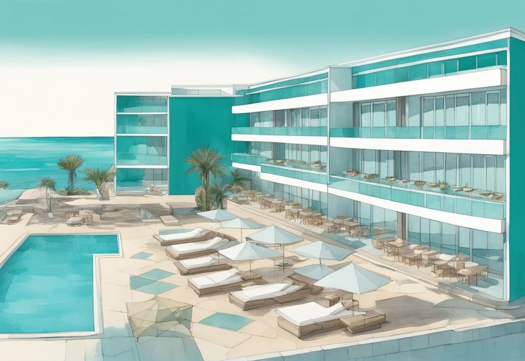 Minimalistisk akvarellillustration av Amarande Ayia Napa hotell med modern arkitektur och Medelhavet i bakgrunden