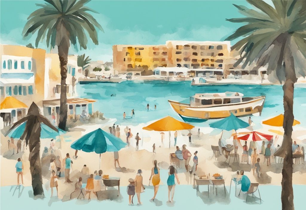 Minimalistisk akvarellillustration av Ayia Napa med Thalassa Museum, Nissi Beach och lokala budgetvänliga aktiviteter som gatumatstånd, billiga boenden och vattensporter. ayia napa billiga resor