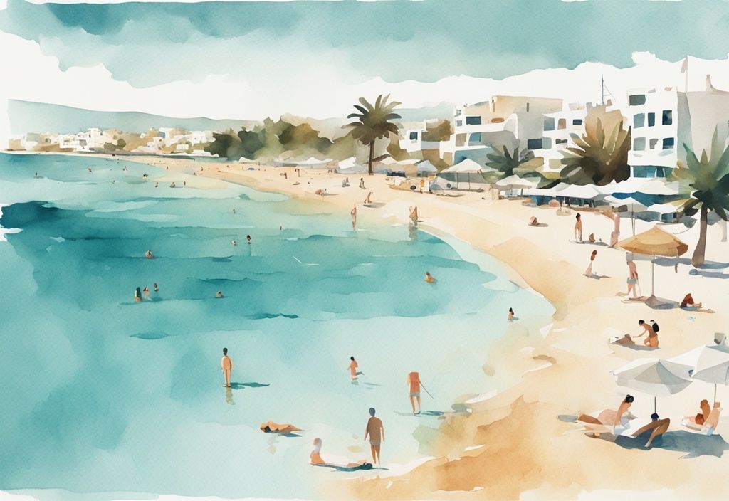 Minimalistisk akvarellillustration av en idyllisk strandscen i Ayia Napa med turkos färgtema, solig himmel och turister som njuter av det varma septembervädret.