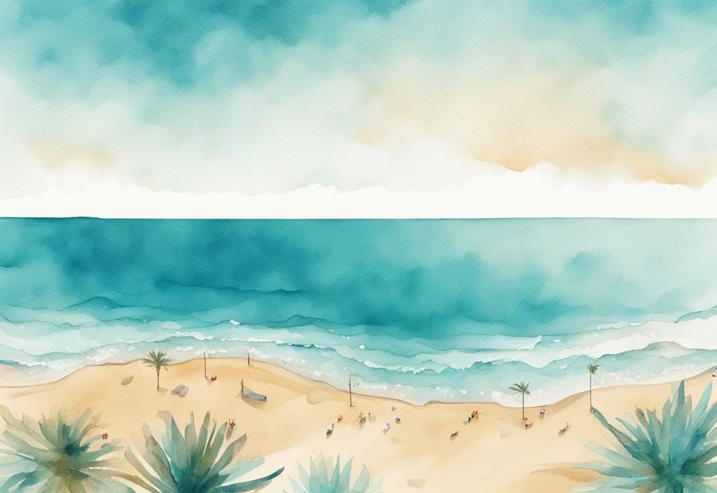 Minimalistisk akvarellillustration av Ayia Napa-kusten från en webcam, med blå havsvågor som slår mot den gyllene sandstranden under en klar himmel.