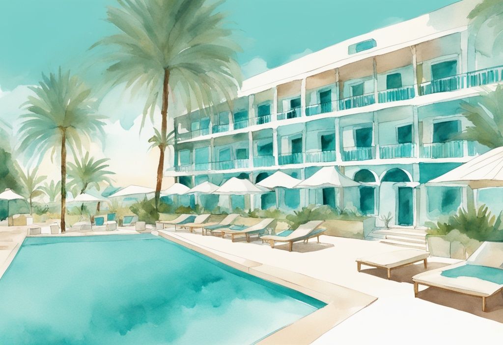 Minimalistisk akvarellillustration av Anthea Hotel Ayia Napa med glittrande pool, omgiven av gröna palmer under en azurblå cypriotisk himmel.