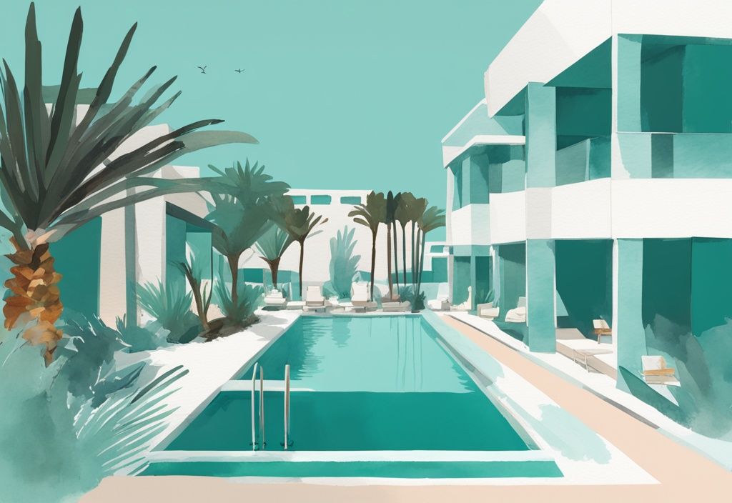 Minimalistisk akvarellillustration av Margadina Hotel Ayia Napa med modern arkitektur, vacker poolområde och tropisk flora i teal färgtema.