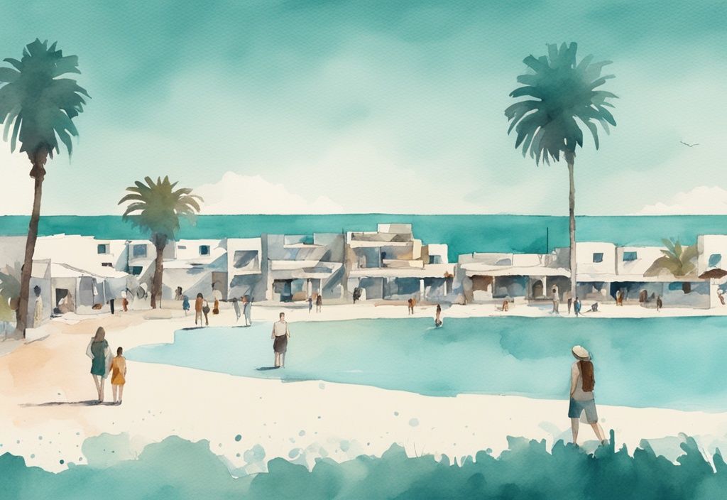 Minimalistisk akvarellillustration av Ayia Napa med klar himmel, mild solsken och turister som njuter av det behagliga ayia napa väder december.