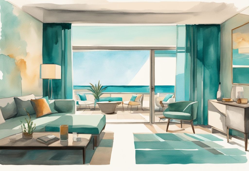 Minimalistisk akvarellillustration av en elegant svit på Sunprime Ayia Napa med havsutsikt, moderna möbler och naturligt solljus genom rummets fönster i full längd.