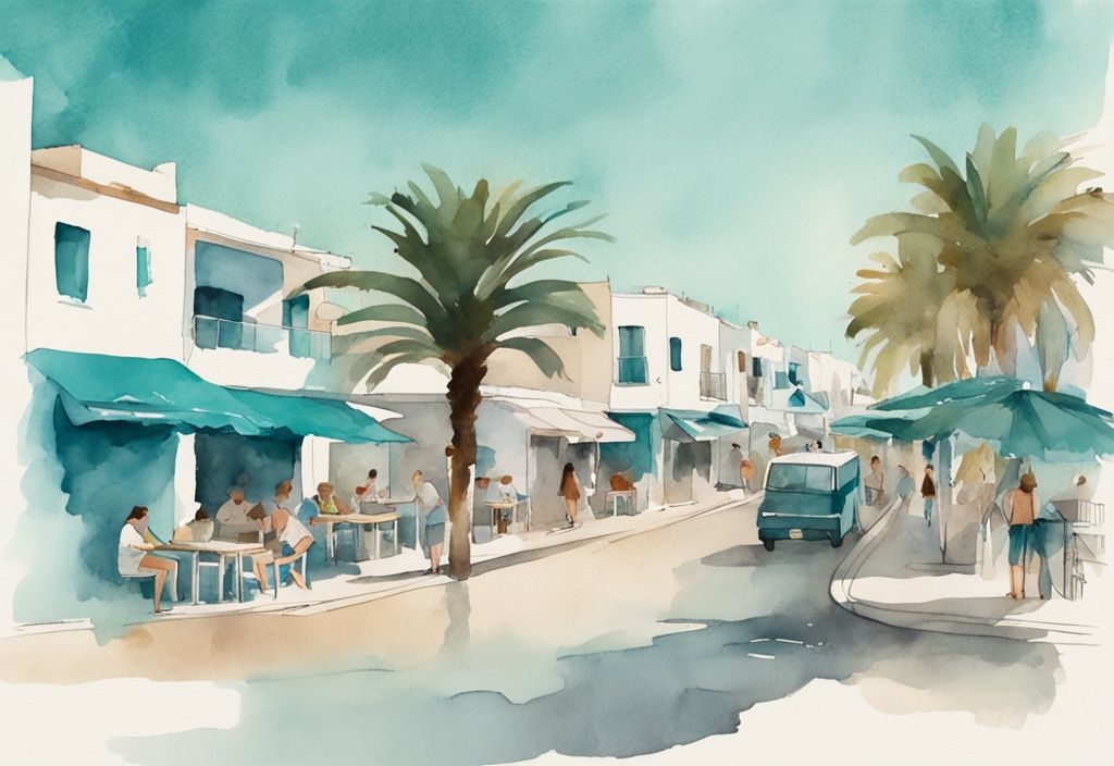 Minimalistisk akvarellillustration av Ayia Napa i maj med turister på kaféer, soligt väder och palmträd i bakgrunden, huvudsaklig färgtema teal.