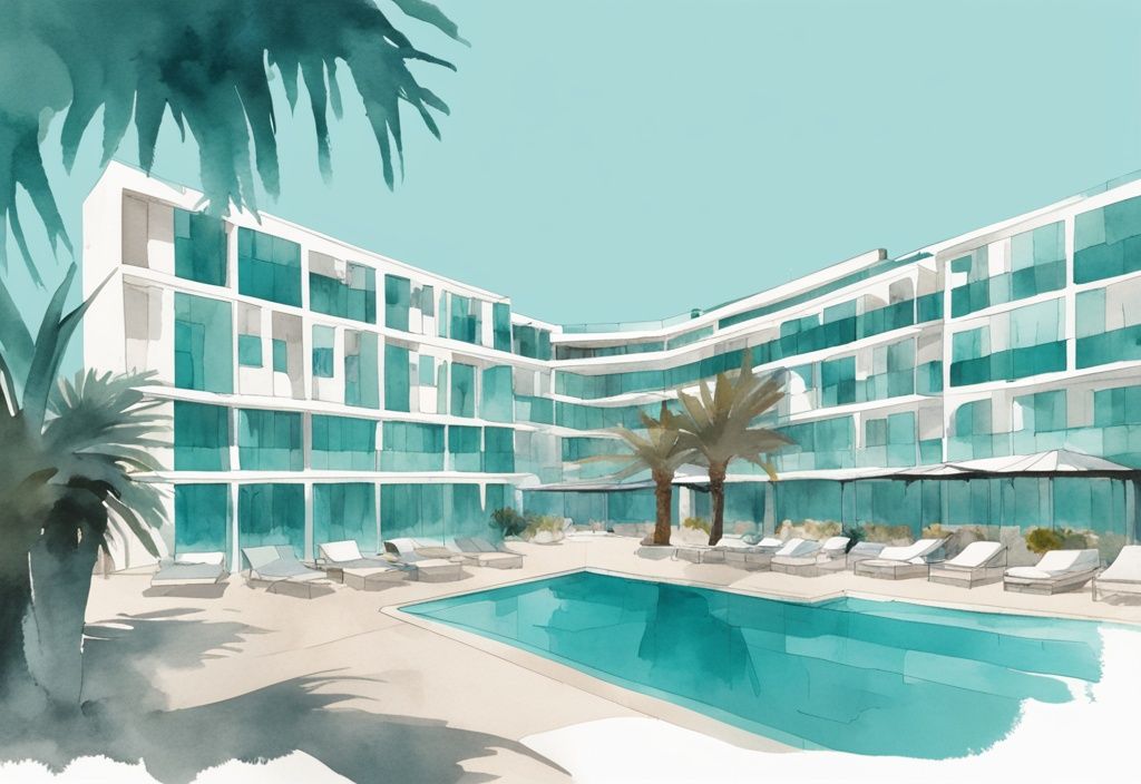 Minimalistisk akvarellillustration av Nestor Hotel Ayia Napa med modern arkitektur, livligt poolområde och frodig omgivning under klarblå himmel.