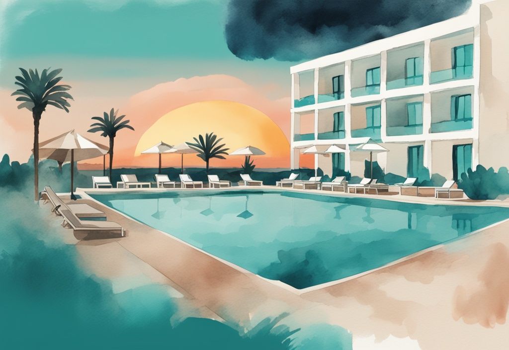 Minimalistisk akvarellillustration av Christofinia Hotel Ayia Napa med anlagda pooler och medelhavsarkitektur i solnedgång.