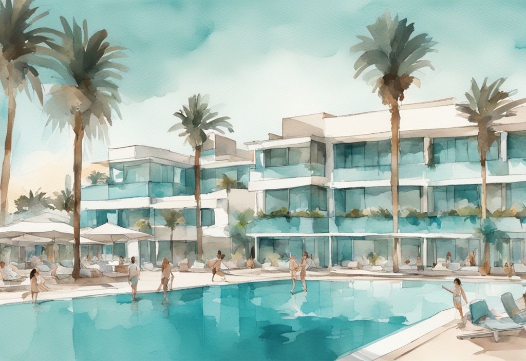 Minimalistisk akvarellillustration av lyxigt boende i Ayia Napa med en stor pool, människor som njuter, omgiven av palmer och utsikt över Medelhavet.