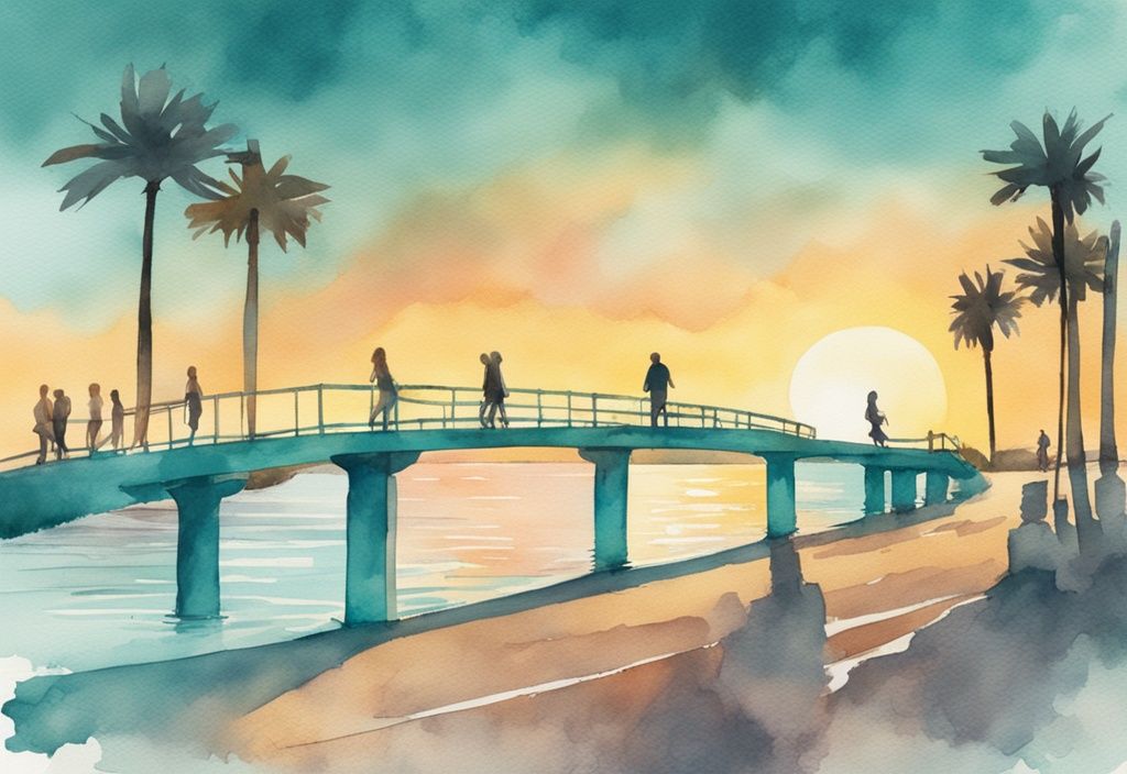 Minimalistisk akvarellillustration av Love Bridge Ayia Napa vid solnedgång med par som promenerar och poserar för foton.