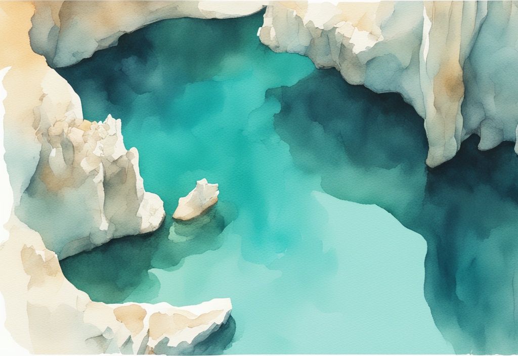 Minimalistisk akvarellillustration av Sea Caves Ayia Napa med turkosa vatten som skimrar under den strålande Medelhavssolen.