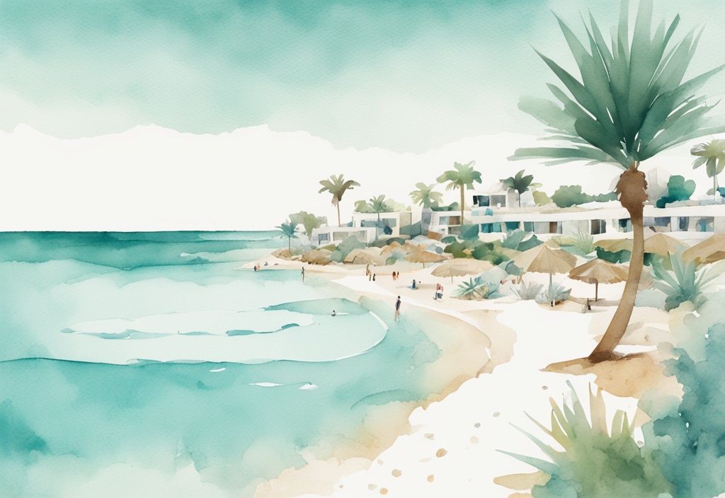 Minimalistisk akvarellillustration av Sungarden Beach Ayia Napa med vit sandstrand, blått vatten, paraplyer och frodiga gröna trädgårdar.