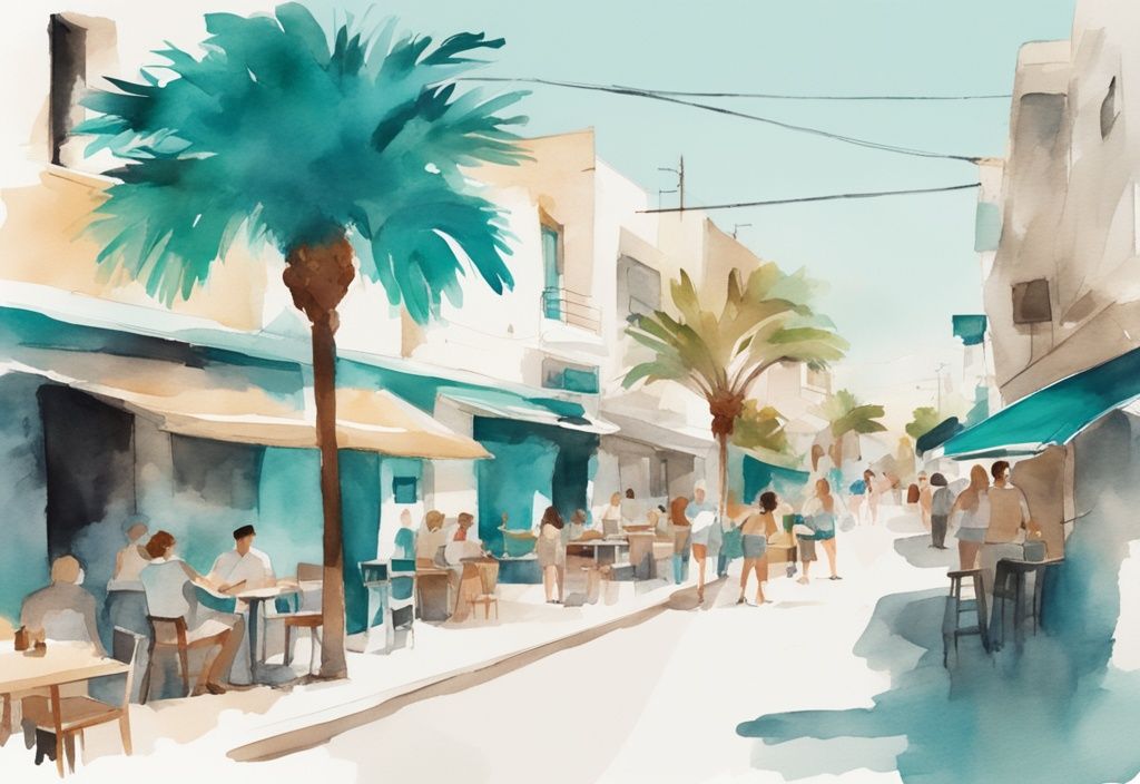 Minimalistisk akvarellillustration av Ayia Napa i maj med turister på kaféer, soligt väder och sval havsbris genom palmer.