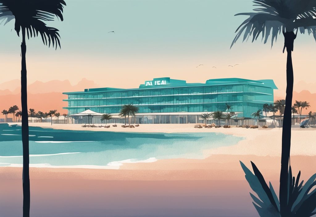 Minimalistisk akvarellillustration av Kai Beach Hotel Ayia Napa vid solnedgången med hotellets storslagna struktur, omgivande tropiska palmer och den fridfulla stranden i förgrunden.