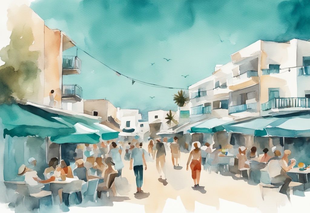 Minimalistisk akvarellillustration av Ayia Napa citys huvudgata med livliga restauranger, unika butiker och det azurblå Medelhavet i bakgrunden.