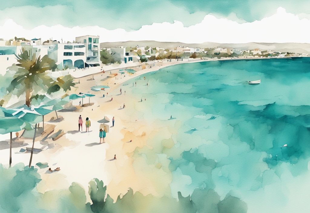 Minimalistisk akvarellillustration av Ayia Napa med turkosa nyanser, som visar stadens stränder, nattliv och historiska landmärken under en klarblå himmel.