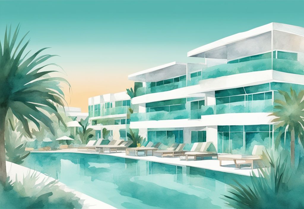 Minimalistisk akvarellillustration av Olympic Lagoon Resort Ayia Napa med teal färgtema, som visar resortens arkitektoniska drag, gröna omgivningar och kristallklar lagunpool.