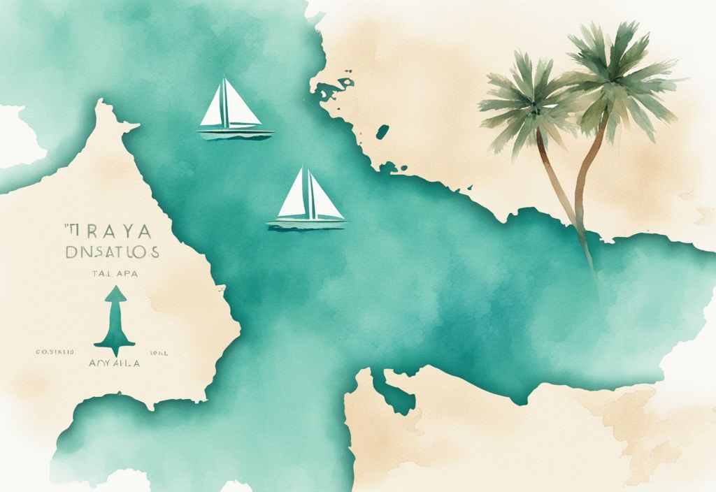 Minimalistisk akvarellillustration med karta som visar avståndet mellan de cypriotiska turistmålen Protaras och Ayia Napa, huvudsakligen i teal färg.