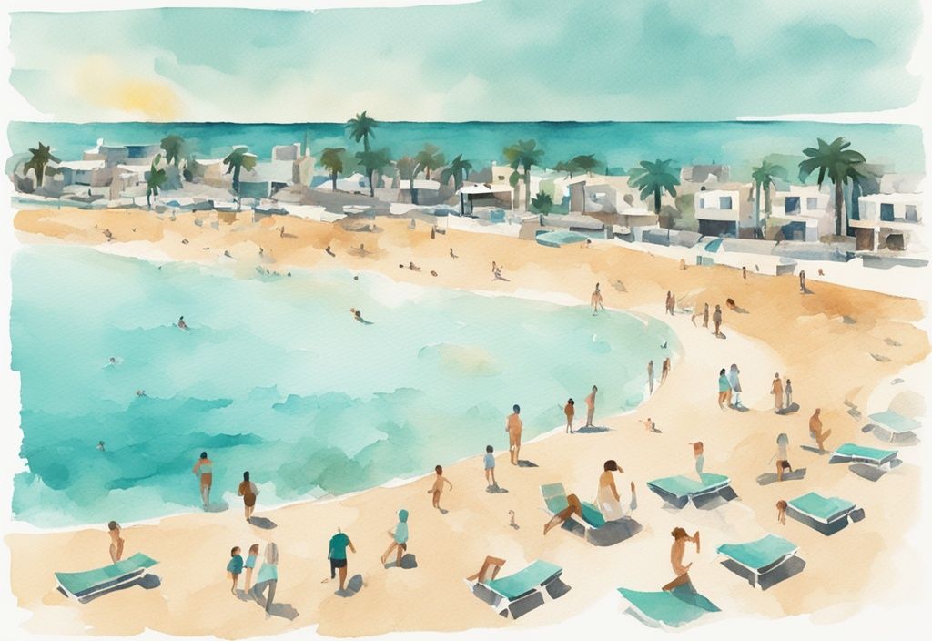 Minimalistisk akvarellillustration av en solig dag i Ayia Napa, Cypern i april med människor som njuter av stranden och klarblå himmel i bakgrunden, huvudsakligen i teal färgtema.