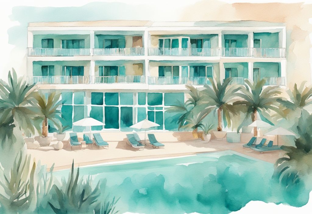 Minimalistisk akvarellillustration av Christabelle Hotel Ayia Napa med frodiga omgivningar och glittrande pool i förgrunden, i lugnande tealtoner.