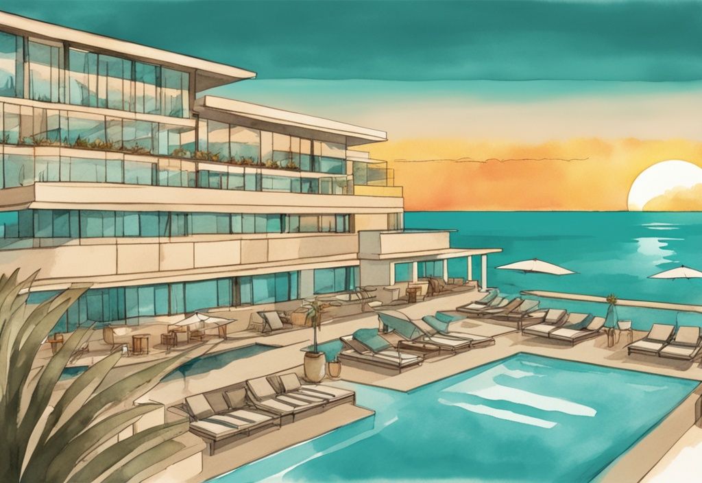 Minimalistisk akvarellillustration av Atlantica Callisto Ayia Napa med modern arkitektur mot en gyllene solnedgång och utsikt över havet.