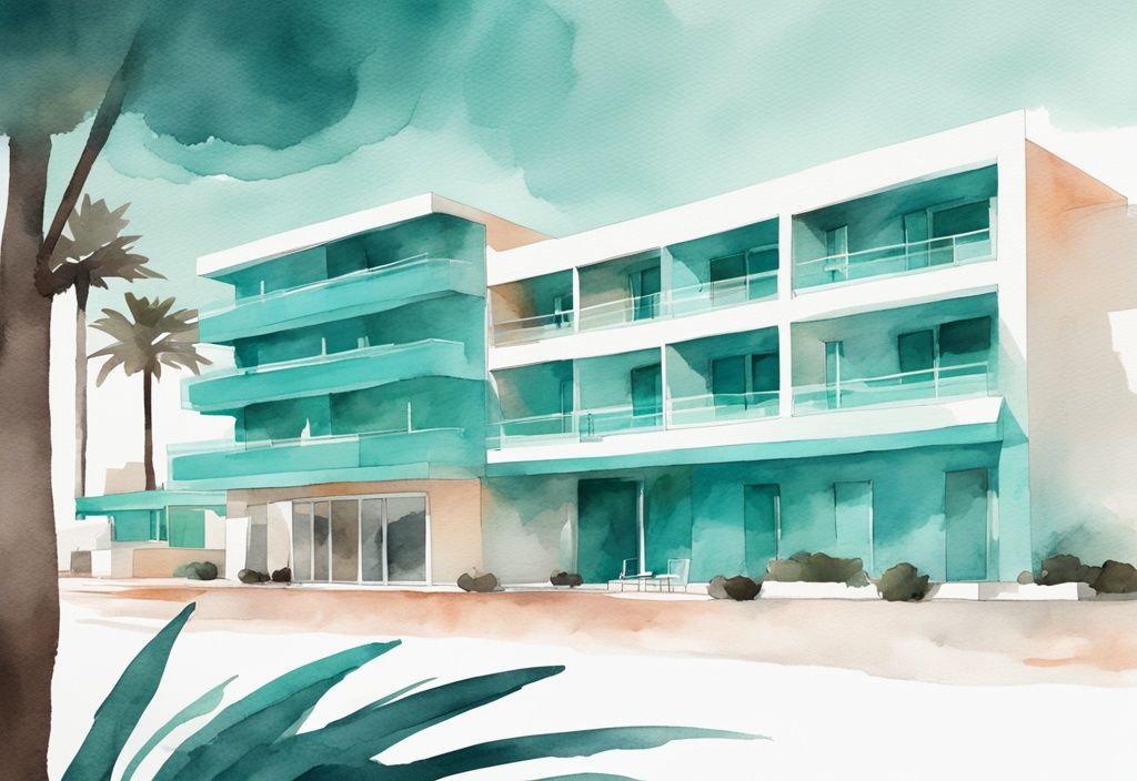 Minimalistisk akvarellillustration av Nicholas Color Hotel i Ayia Napa med färgtema i teal, som framhäver dess unika färgtematiska arkitektur.