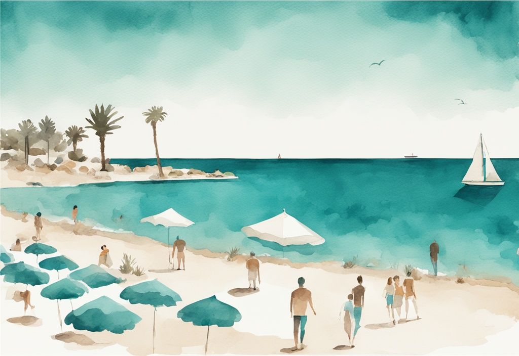 Minimalistisk akvarellillustration av Melissi Beach i Ayia Napa med semesterfirare som njuter av det kristallklara vattnet under en solig himmel, färgtema i teal.