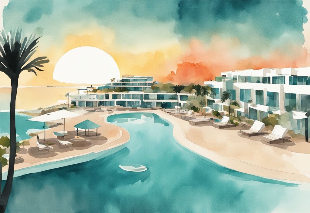 Minimalistisk akvarellillustration med en färgglad solnedgång över TUI-resorten i Ayia Napa, med resortens karakteristiska arkitektur och en havsutsikt fylld med turister.