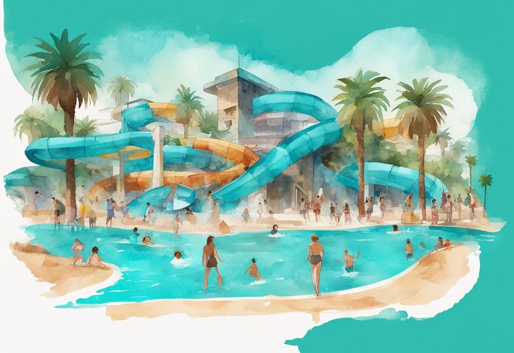 Minimalistisk akvarellillustration av besökare som njuter av spännande vattenrutschbanor och attraktioner i den tropiska atmosfären på WaterWorld Ayia Napa, med huvudfärgen teal.