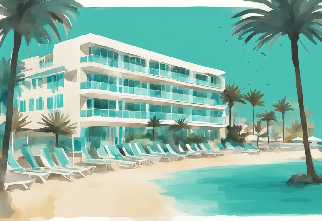 Minimalistisk akvarellillustration av Anmaria Beach Hotel Ayia Napa med turkosa nyanser, omgiven av palmer och med utsikt över det blå Medelhavet.