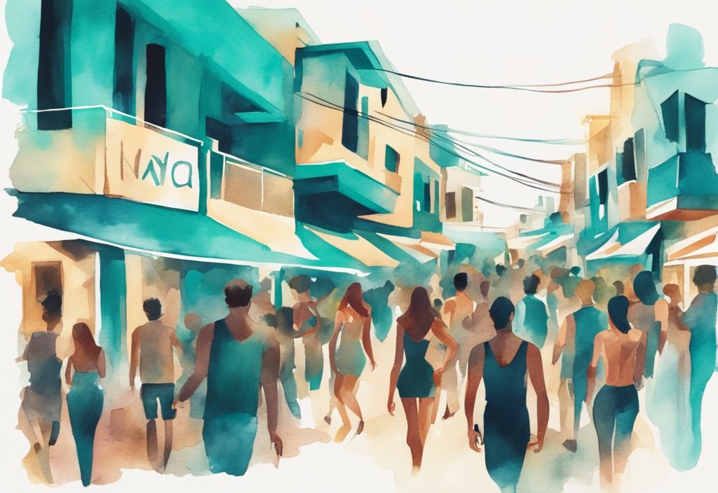 Minimalistisk akvarellillustration av Ayia Napa nightlife med teal färgtema, nattklubbar, barer och festglada människor.