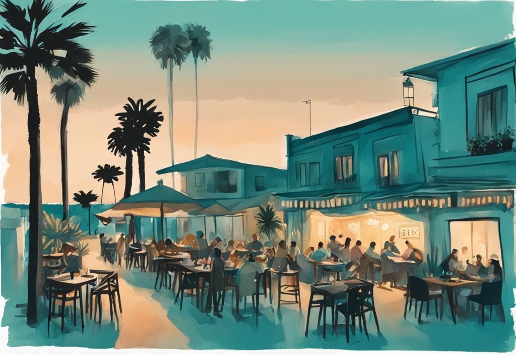 Minimalistisk akvarellillustration av livliga restauranger i Ayia Napa under en skymningshimmel, omgivna av frodiga palmer, med huvudfärgtema i teal.