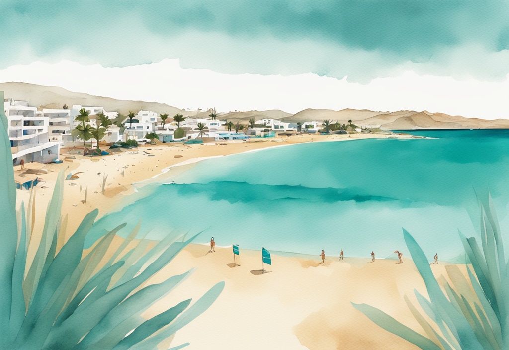 Minimalistisk akvarellillustration av Sandy Bay i Ayia Napa med gyllene sandstrand, turkost vatten och blå himmel.