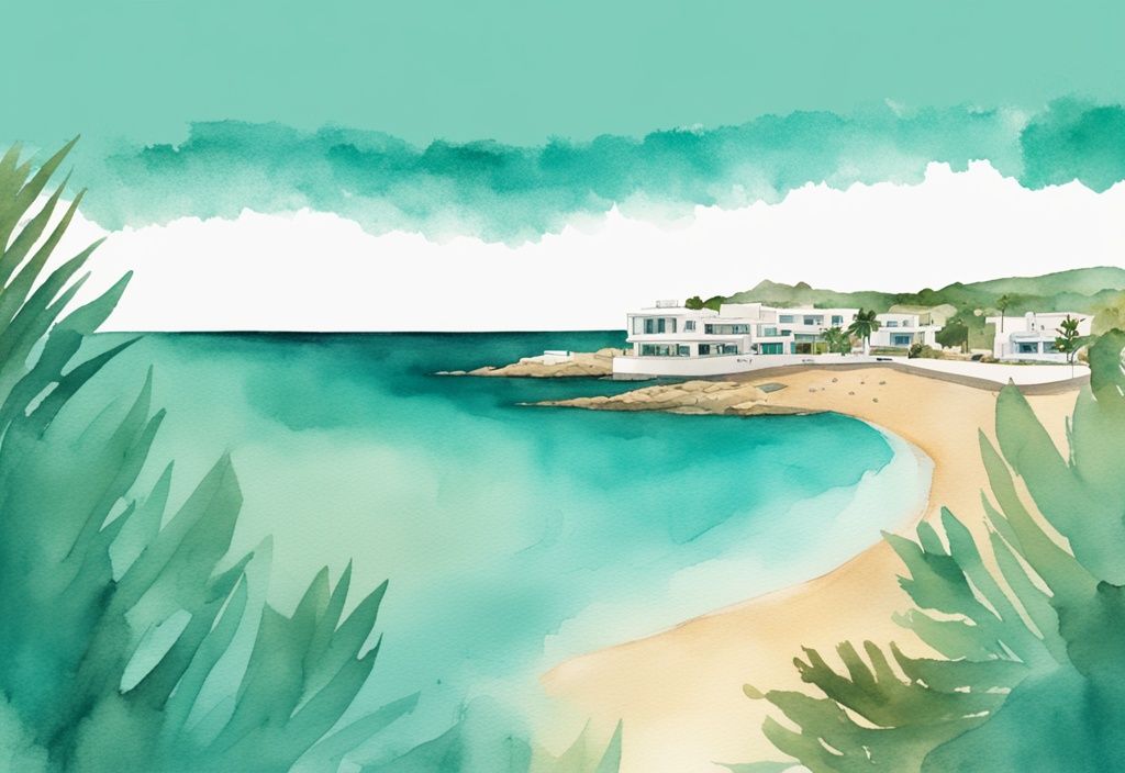 Minimalistisk akvarellillustration av Konnos Bay Ayia Napa med turkost hav, gyllene sandstrand och frodiga gröna kullar i bakgrunden.