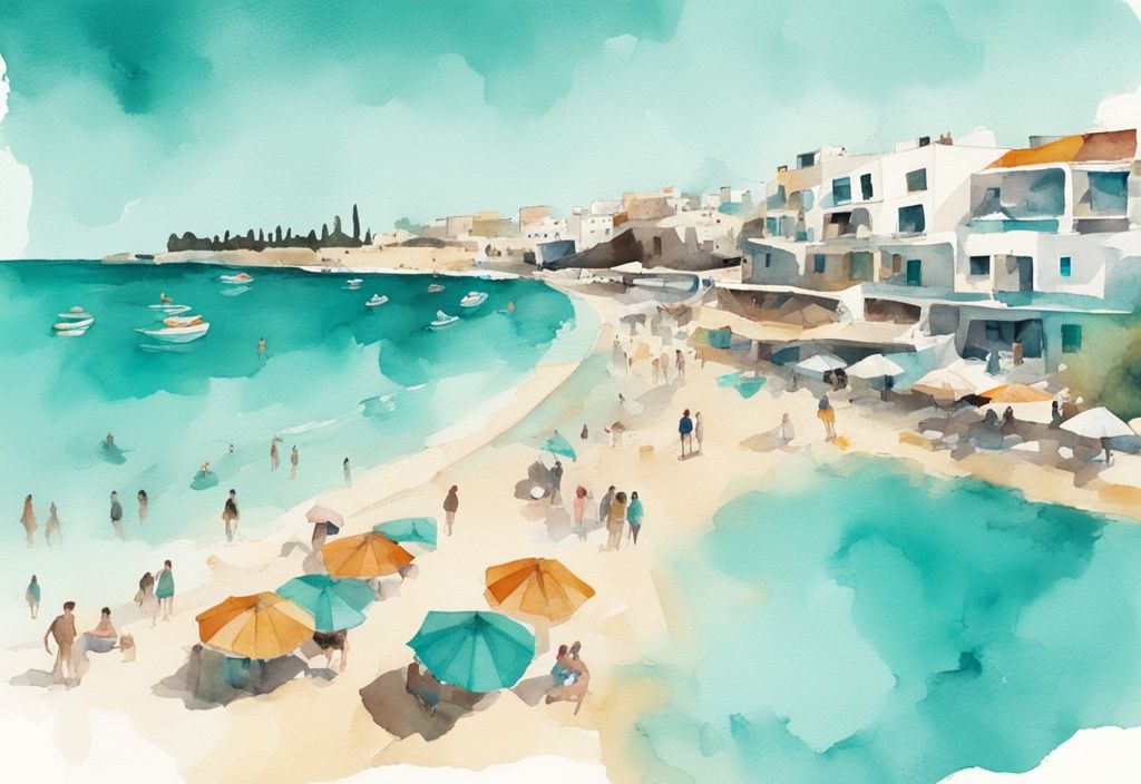 Minimalistisk akvarellillustration av Ayia Napas turkosa stränder med färgglada parasoller, solbadande turister och pittoresk arkitektur i bakgrunden, resa ayia napa.