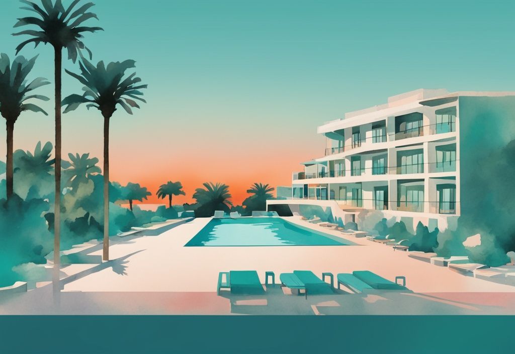 Minimalistisk akvarellillustration av Pavlinia Hotel Ayia Napa med trädgårdar och poolområde vid solnedgången.