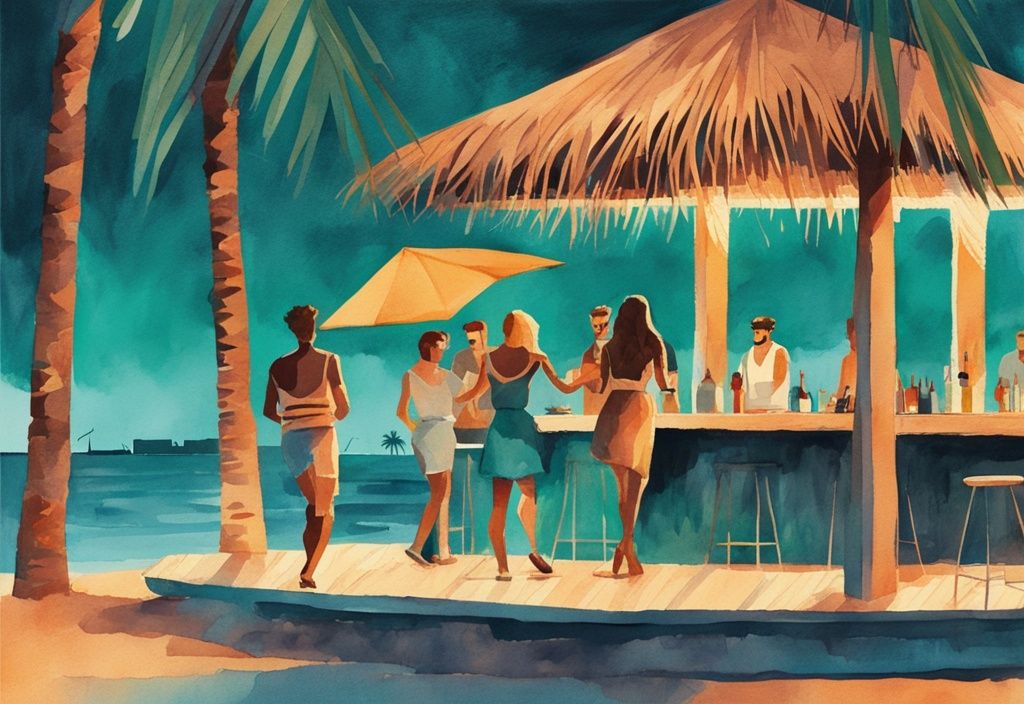 Minimalistisk akvarellillustration av Ayia Napas nattliv med ungdomar som dansar under Vings utomhus tiki-bar i teal färgtema.