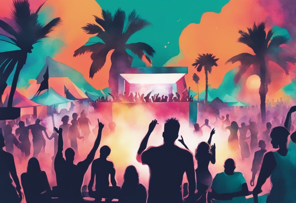 Minimalistisk akvarellillustration av festdeltagare, DJs och färgglada ljusshower på Ayia Napa Fest med teal som huvudfärg.