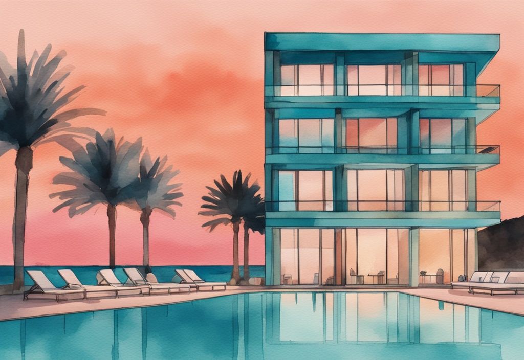 Minimalistisk akvarellillustration av ett lyxhotell i Ayia Napa vid skymning, med teal som huvudfärg, solnedgångens rosa och orange nyanser reflekteras på glasfasaden, azurblå Medelhavet i bakgrunden.