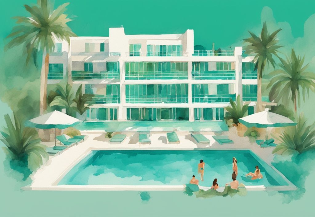 Minimalistisk akvarellillustration av Pavlinia Hotel i Ayia Napa med teal färgtema, grönskande omgivning, pittoresk arkitektur och människor som kopplar av vid poolområdet.