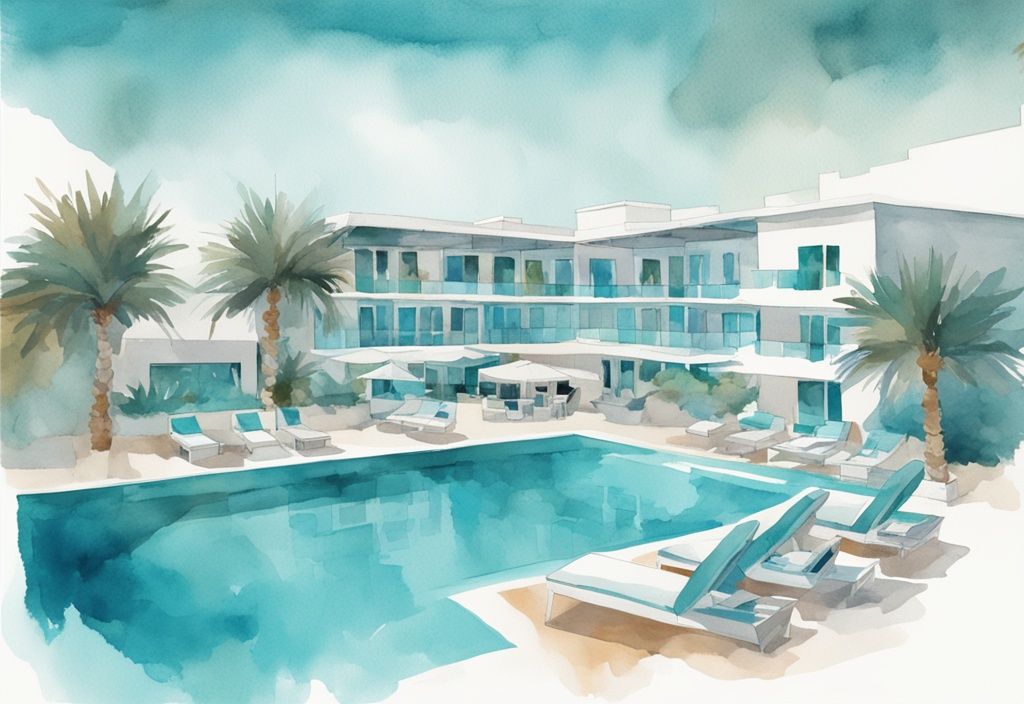 Minimalistisk akvarellillustration av det blå havet och lyxiga poolområdet på Tofinis Hotel i soliga Ayia Napa, Cypern. Nyckelord: tofinis ayia napa cypern.