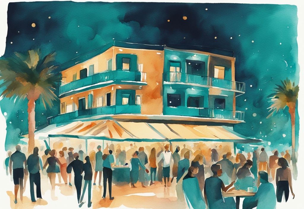 Minimalistisk akvarellillustration av en livlig nattscen på Ayia Napa Square med folkmassor, upplysta restauranger och barer.